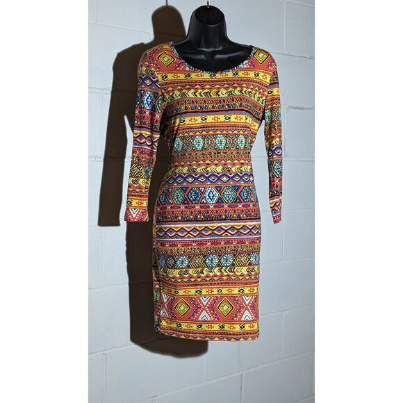 Say What Geometric Tribal Boho Multicolor Print Dress Long Sleeve Bodycon Medium - Picture 1 of 5
